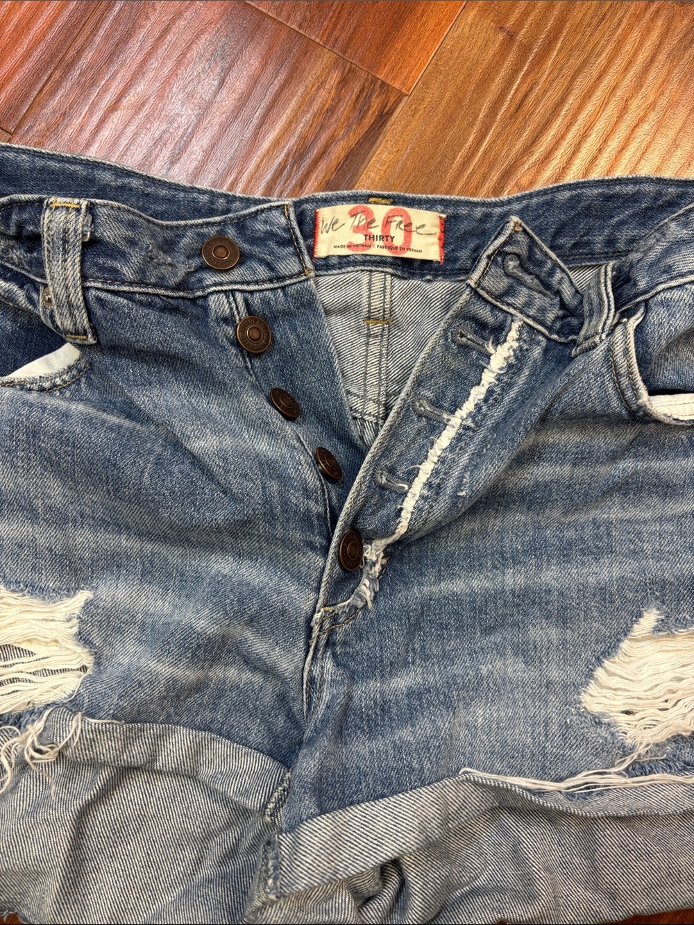 We The Free Distressed Blue Jean Shorts with Button Fly - Picture 2 of 3